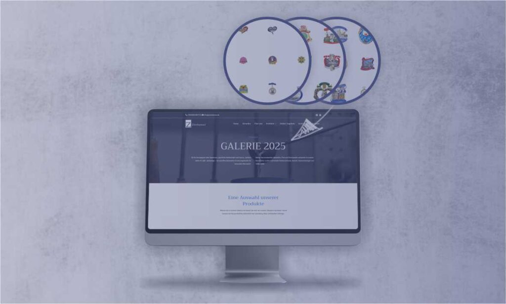 Ein Computerbildschirm zeigt die Startseite der Online-Galerie 2025 mit Karnevalsorden und Pins mit einer Detailansicht.