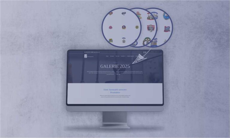 Ein Computerbildschirm zeigt die Startseite der Online-Galerie 2025 mit Karnevalsorden und Pins mit einer Detailansicht.